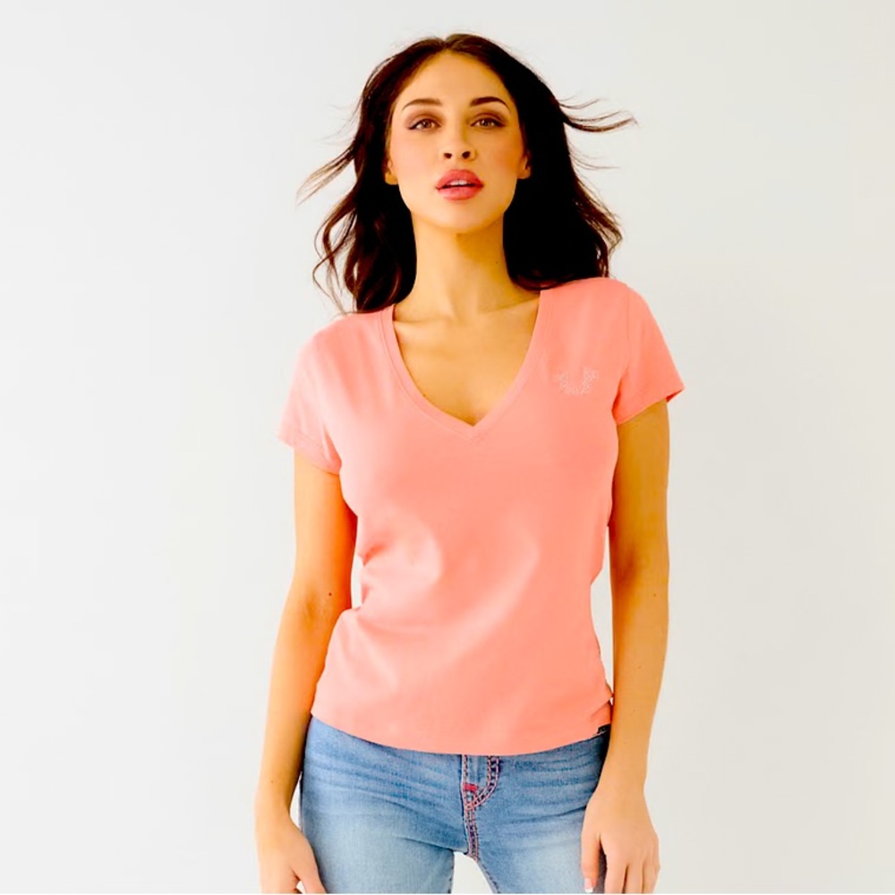 True Religion OMBRE CRYSTAL HORSESHOE TEE Women's V-Neck Coral Top